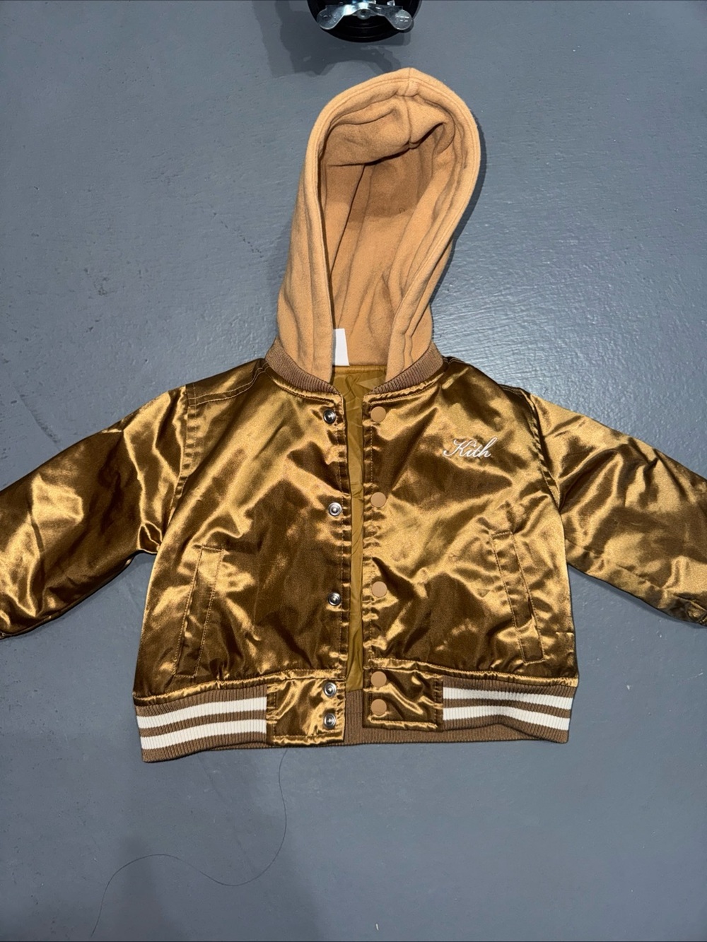 Kith Kids Metallic Gold Satin Bomber with Tan Hood
